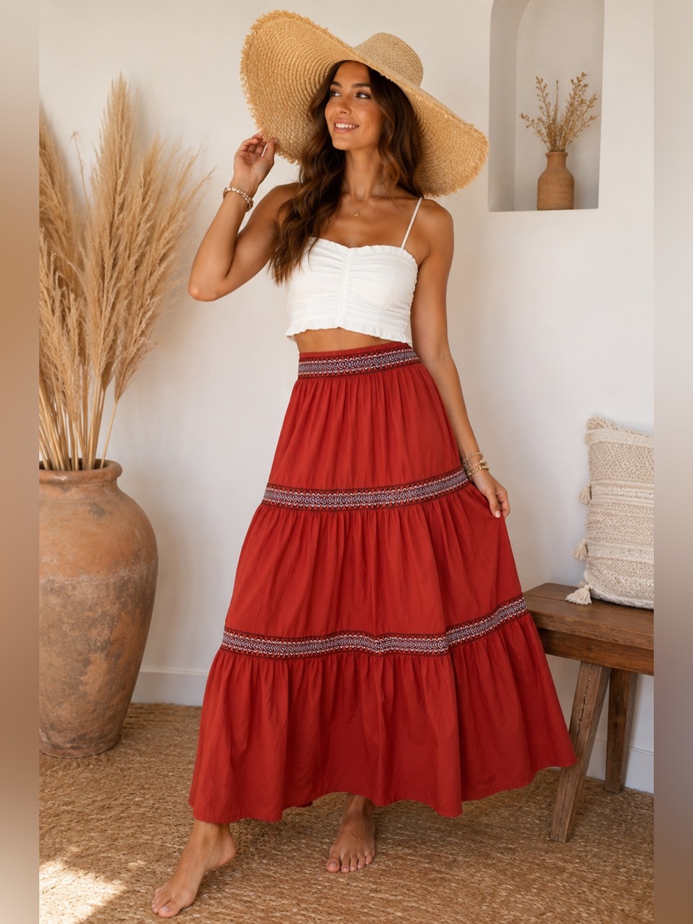A Loves A 3 Tiered Boho Maxi Skirt Rust Orange Embroidered Festival Cottagecore - Picture 1 of 8